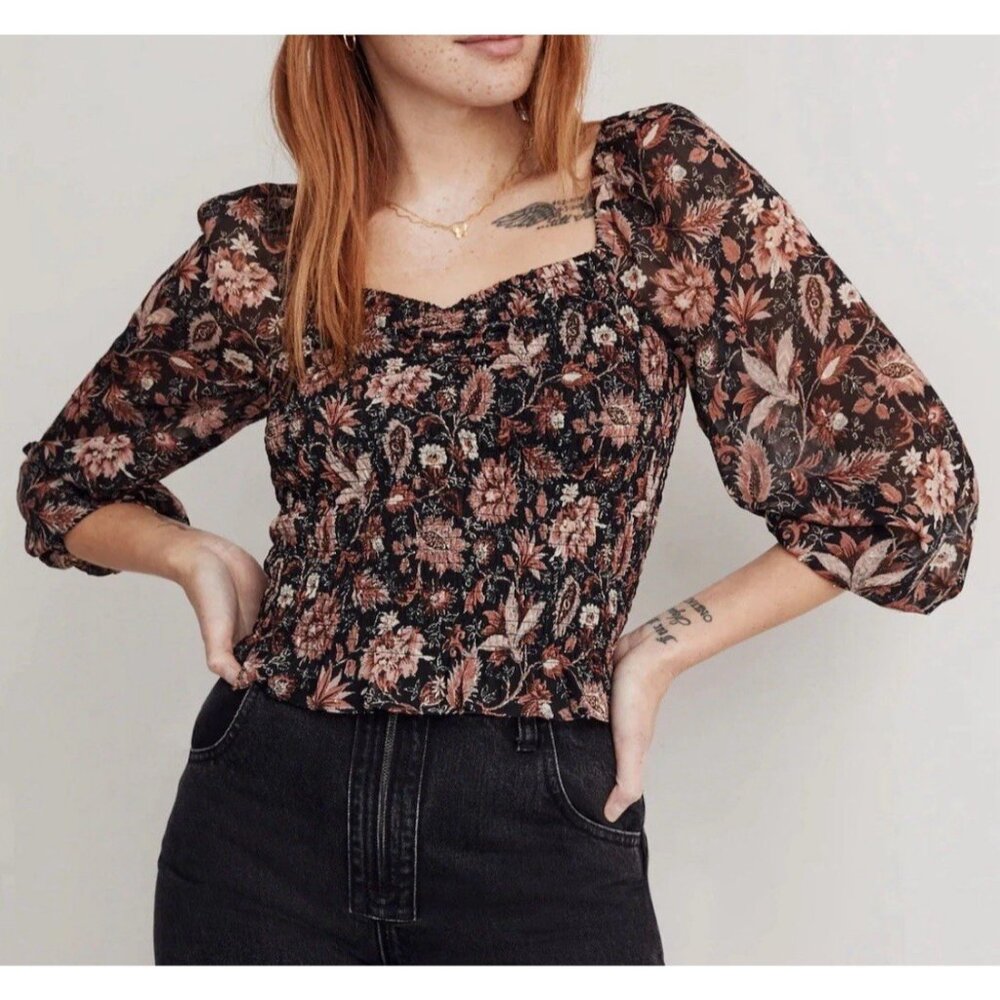 Madewell Lucie Smocked Crop Top Women’s Size L Floral Print  Long Sleeves Lined